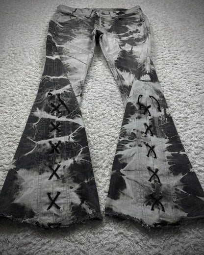 Tornado Mart Ash Marble Washed Raw Hem Lace Up Flared Jeans