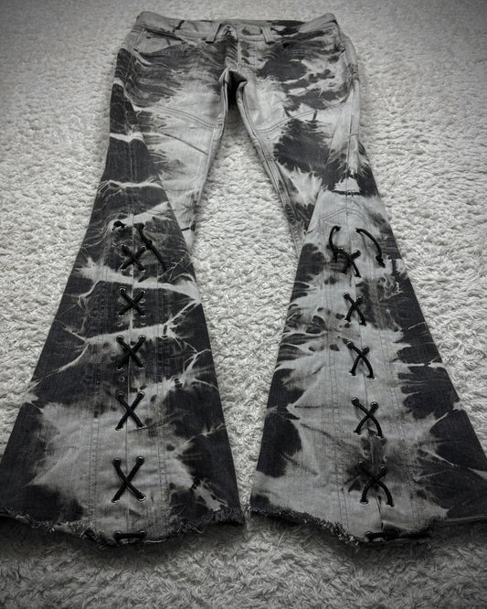 Tornado Mart Ash Marble Washed Raw Hem Lace Up Flared Jeans