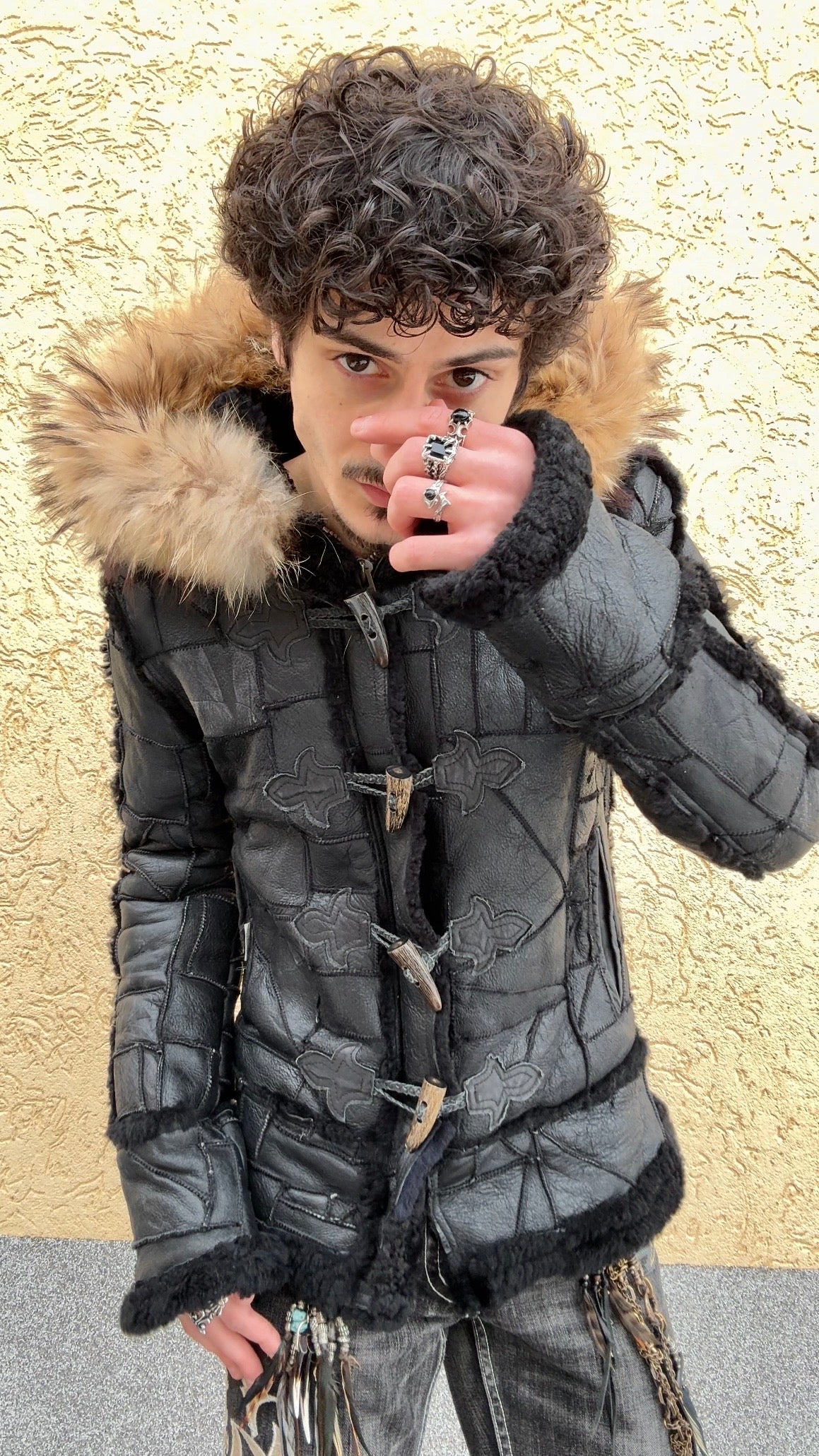 Royal Flash Fur Hood Leather Patchwork Jacket