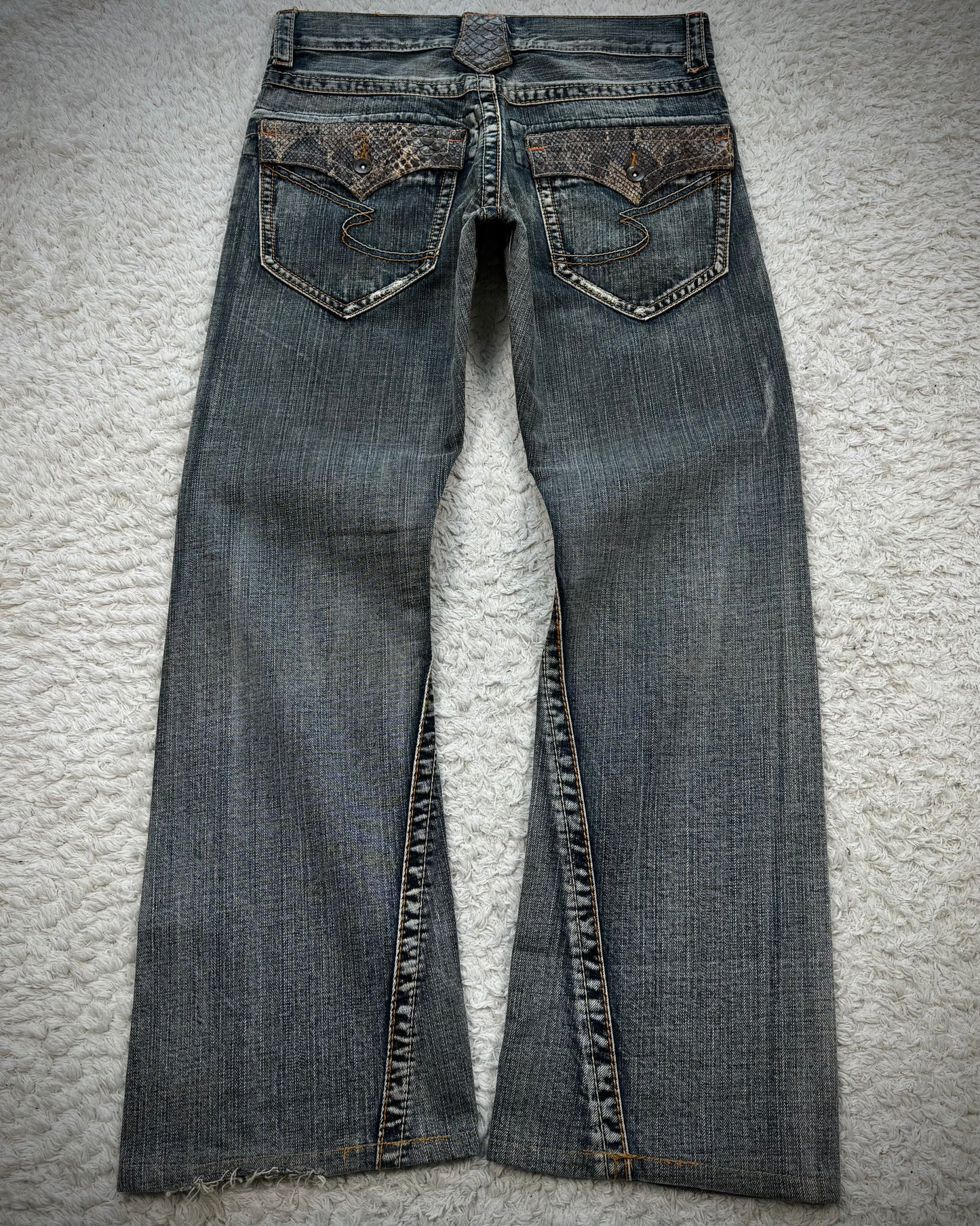 Semantic Design Python Pocket Detailed Spiral Flared Jeans