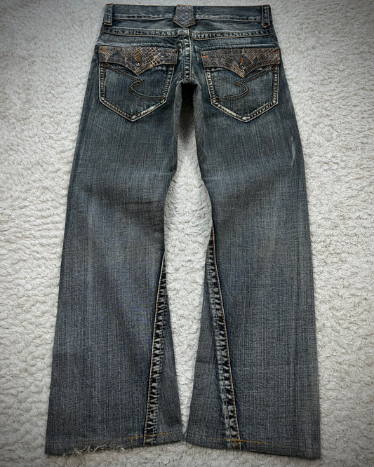 Semantic Design Python Pocket Detailed Spiral Flared Jeans