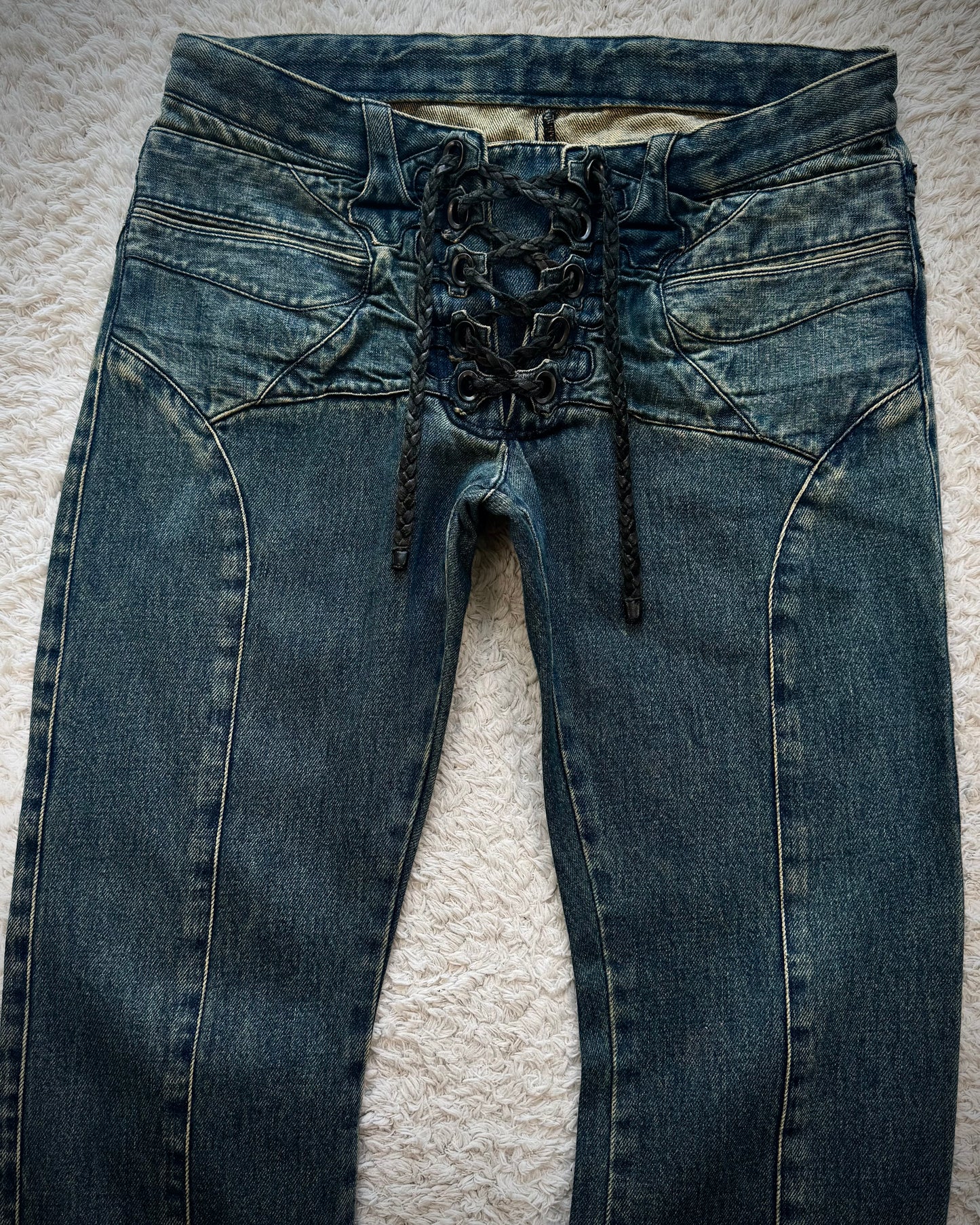 Henry Duarte Sculpted Hem Lace Up Flared Jeans