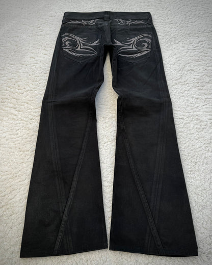 Tornado Mart Xray Waxed Tribal Embroidery Flared Jeans