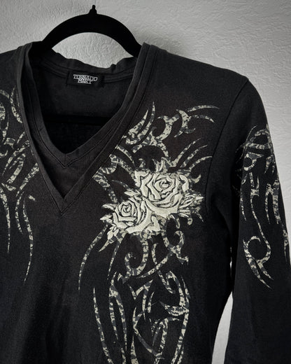 Tornado Mart Tribal Pattern Rose Embroidery T-Shirt