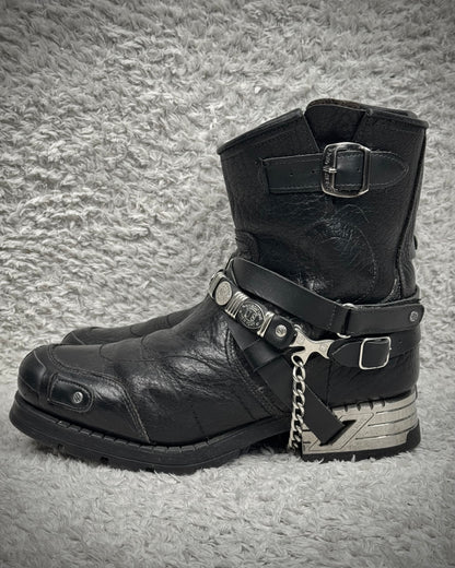 New Rock Chained Belted Steel Heel Leather Boots