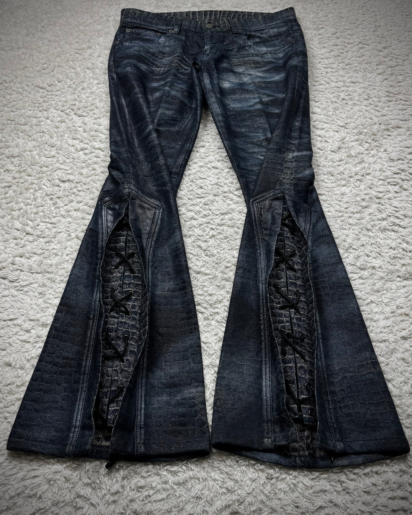 Tornado Mart Waxed Crocodile Lace Up Flared Pants