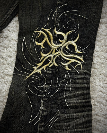 Tornado Mart Cyber Tribal Embroidery Flared Jeans