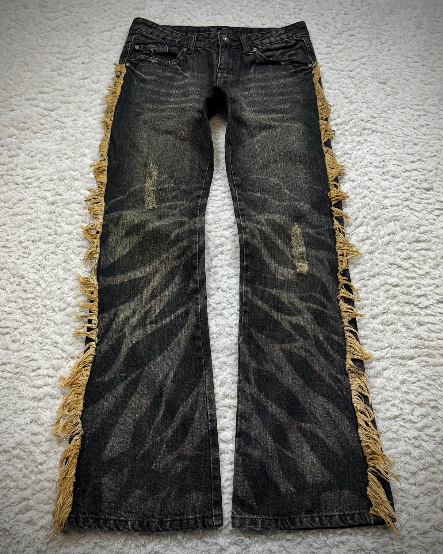 Philodox Fringed Zebra Washed Flared Jeans