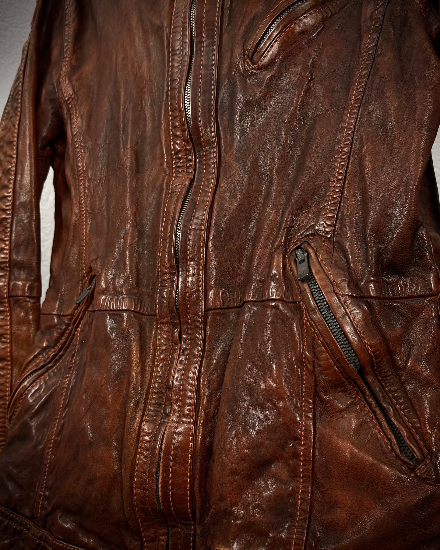 Royal Flash Rust Dyed High Neck Quilted Leather Jacket