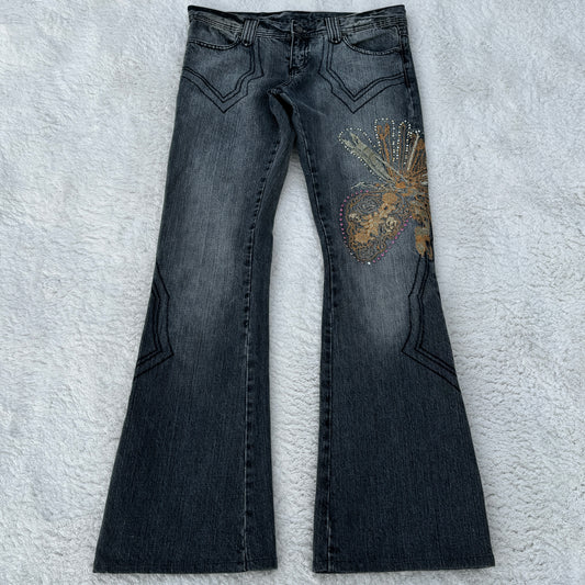 Tornado Mart Embroidered Flared Jeans w/ Swarovski Crystals