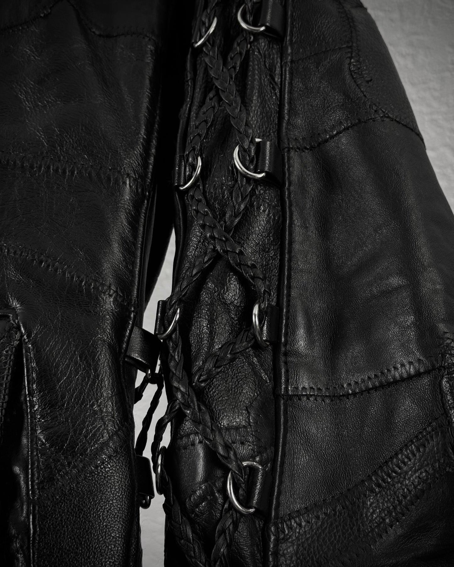 Diamond Plate Lace Up Buffalo Leather Patchwork Biker Jacket