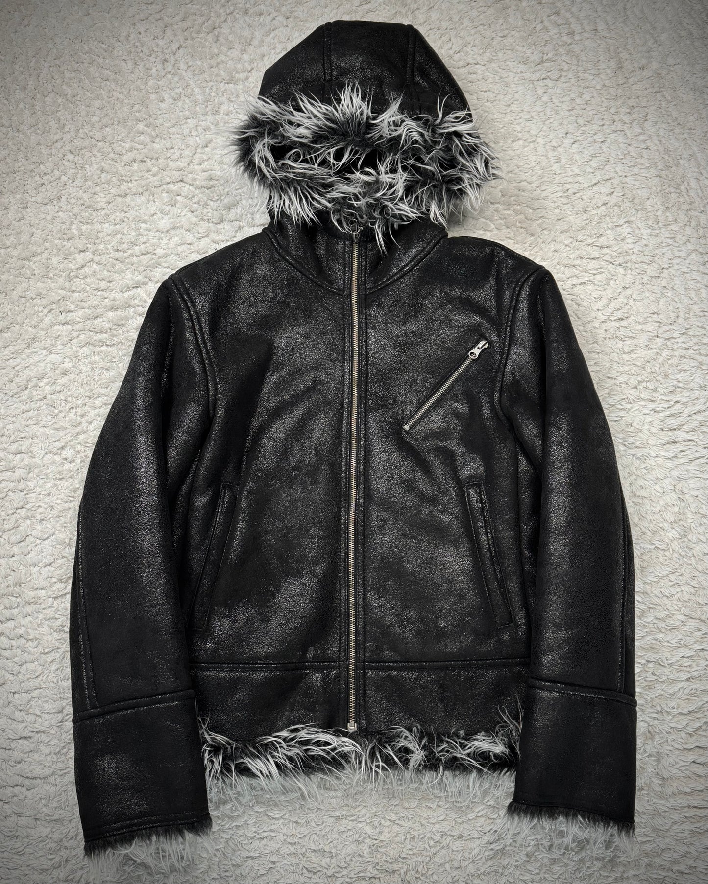Semantic Design Luster Textured Fur Interior Hooded Jacket