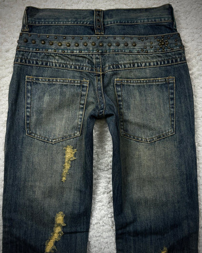 Midas Studded Double Waisted Lace Up Flared Jeans
