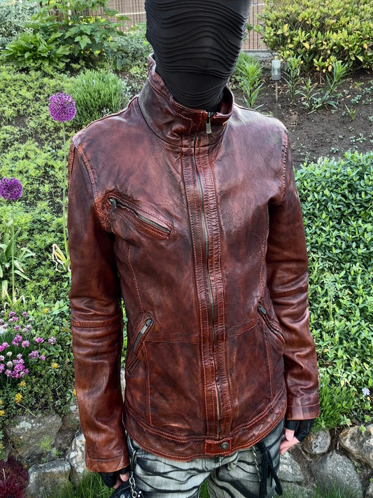 Royal Flash Rust Dyed High Neck Quilted Leather Jacket