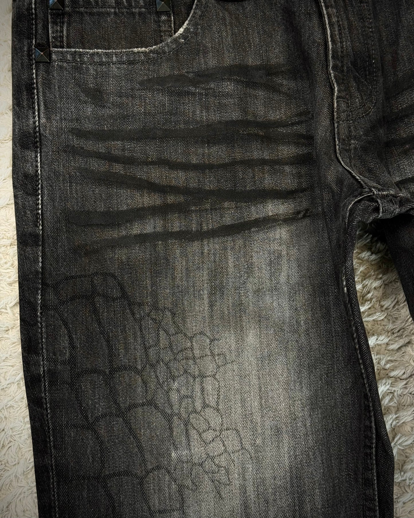 Semantic Design Crocodile Clawmarks Coated Flared Jeans