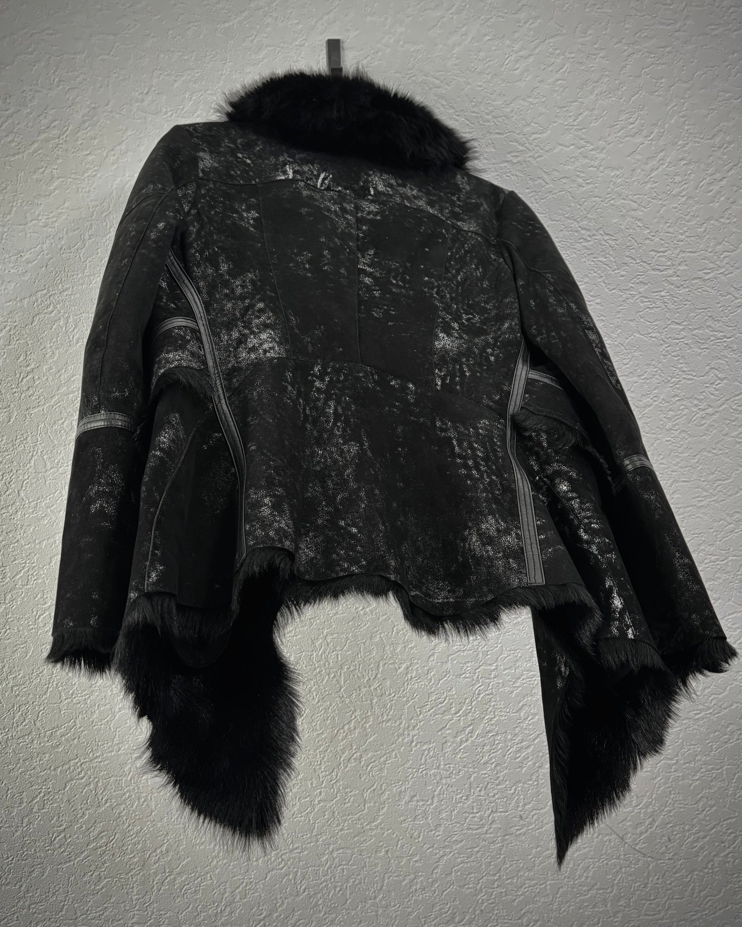 Asymmetrical Raw Cut Crack Waxed Fur Coat