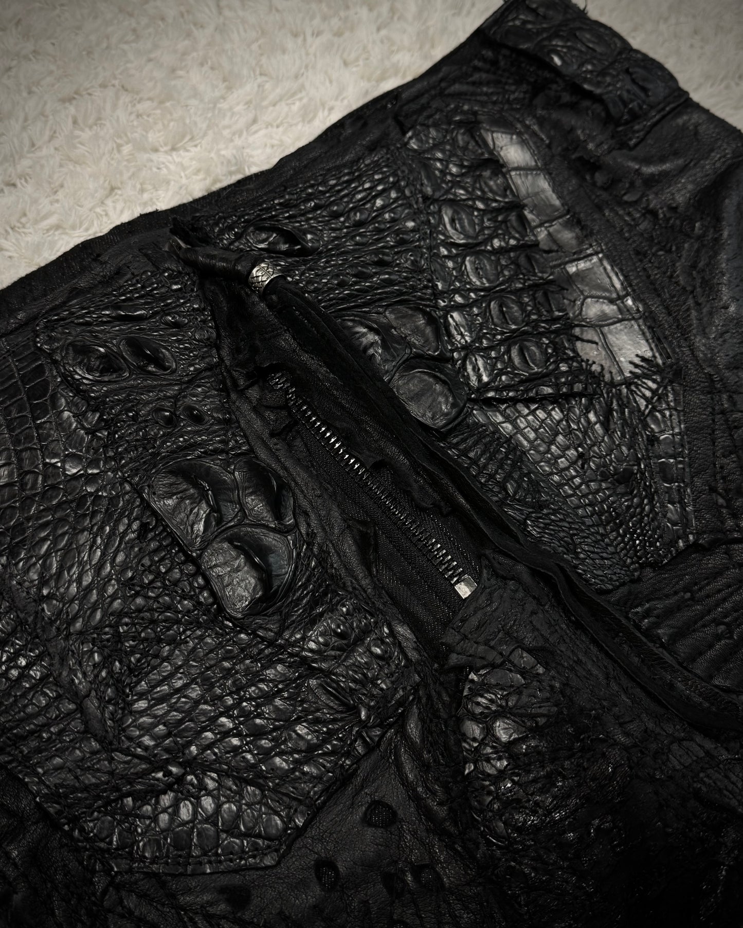1vfudie “Noir” Scar Stitched Crocodile Leather Bell Bottom Flared Pants