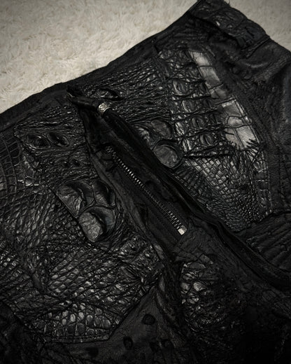 1vfudie “Noir” Scar Stitched Crocodile Leather Bell Bottom Flared Pants