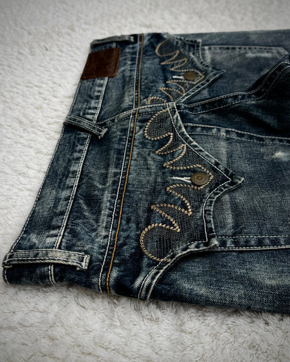 Tornado Mart Tribal Embroidery Spiral Flared Jeans
