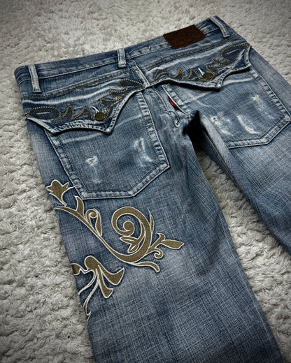 Tornado Mart Tribal Embroidery Spiral Flared Jeans