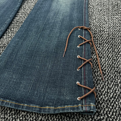 Pierced Lace-Up Flared Denim