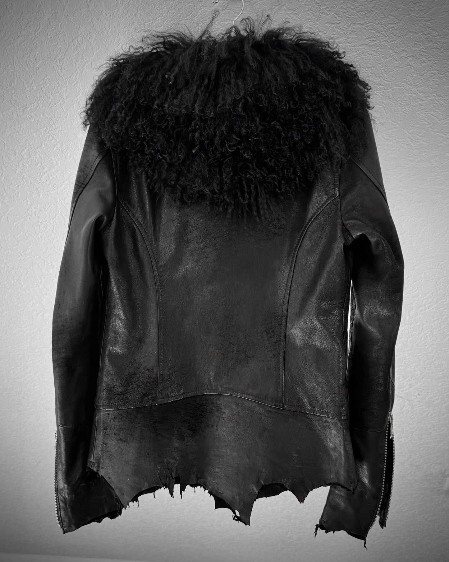 14th Addiction Mouton Fur Cross Zip Leather Jacket