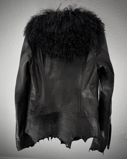 14th Addiction Mouton Fur Cross Zip Leather Jacket