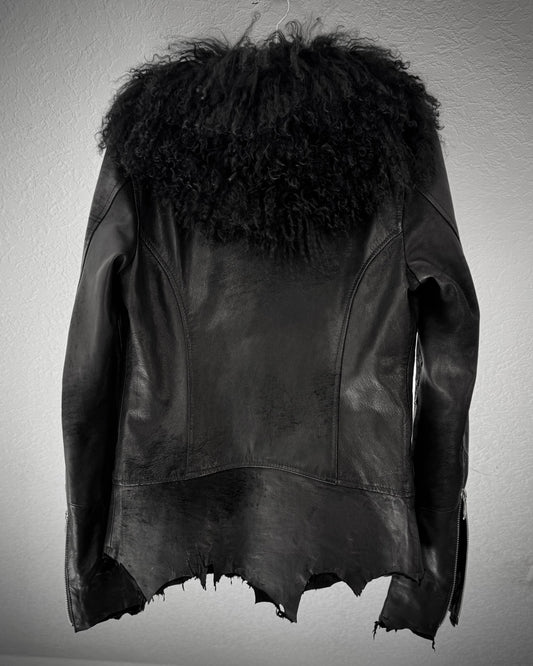 14th Addiction Mouton Fur Cross Zip Leather Jacket