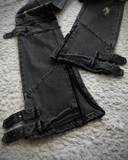 Black Baccara Zipper Strapped Construction Flared Jeans