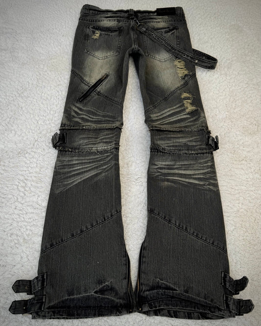 Black Baccara Belted Straps Zippered Flared Jeans