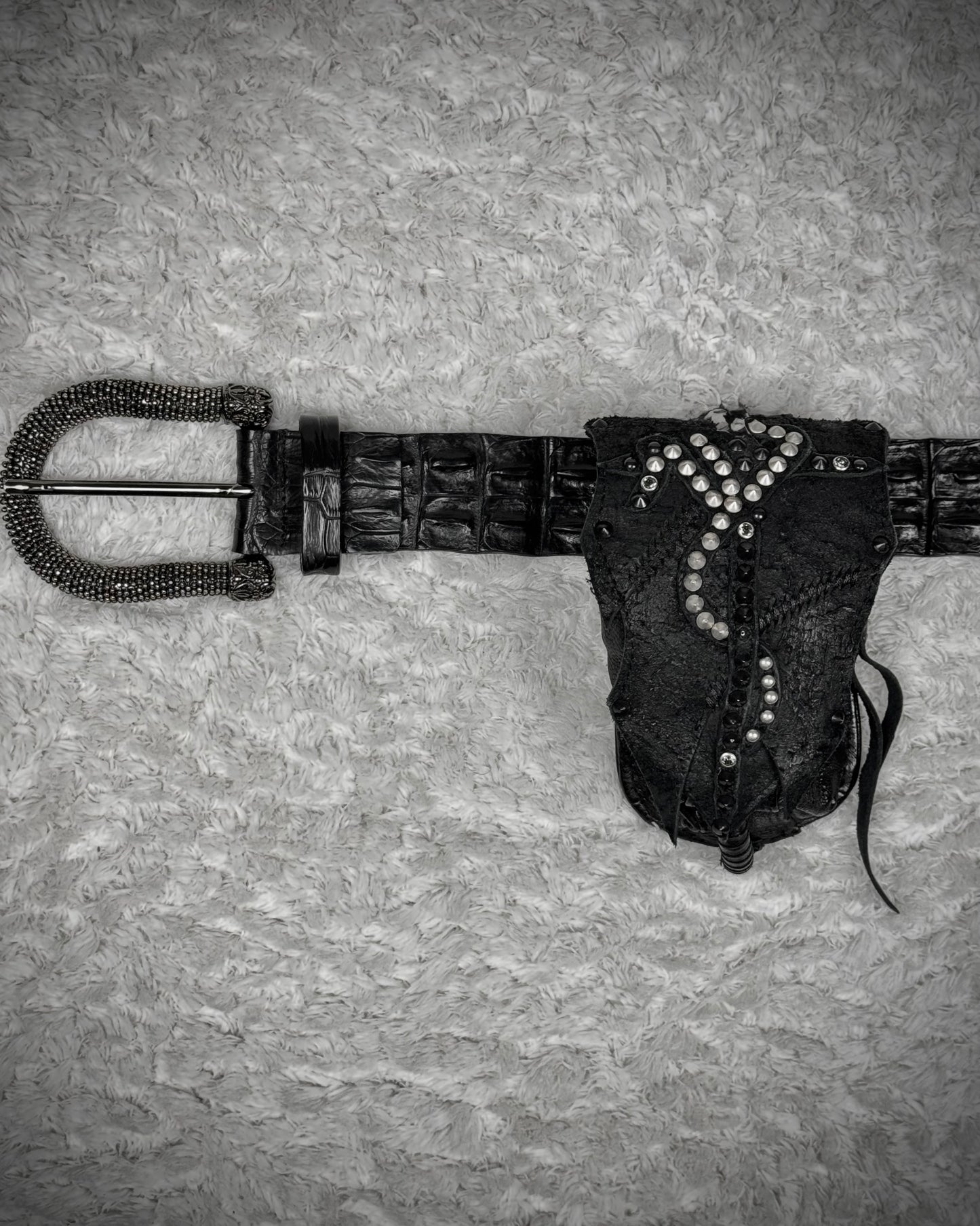 KMRii Cross Serpent Studded Scar Stitched Leather Pouch