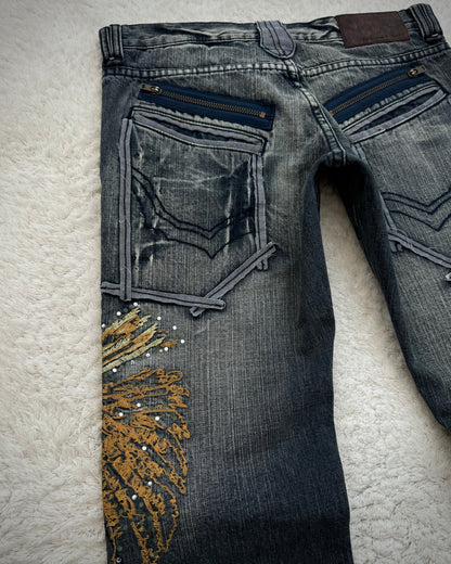 Tornado Mart Tribe Skull Embroidery Flared Jeans