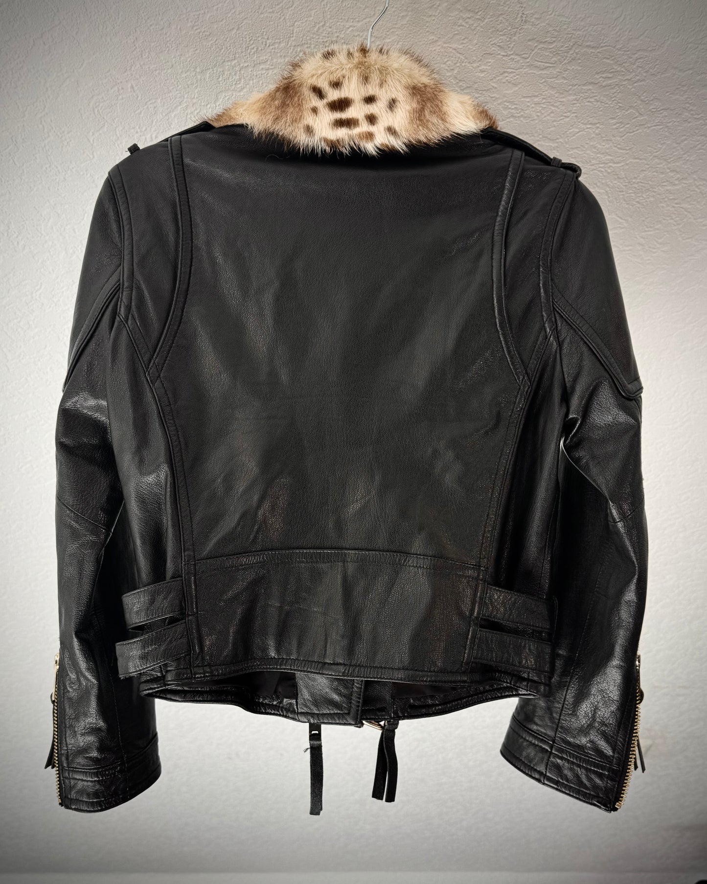 Jeffteli Leopard Fur Collar Leather Biker Jacket