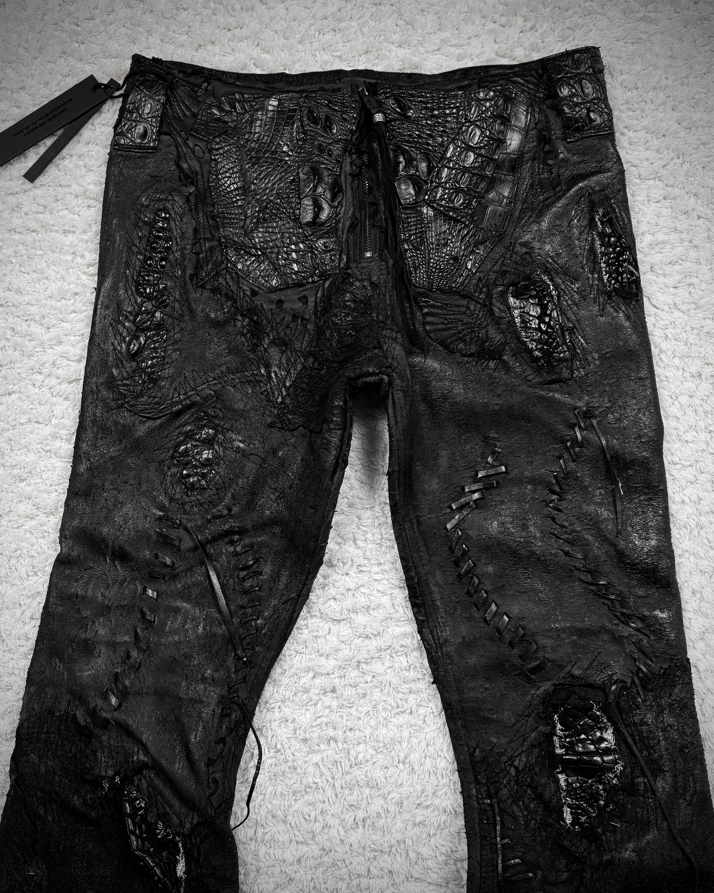 1vfudie “Noir” Scar Stitched Crocodile Leather Bell Bottom Flared Pants