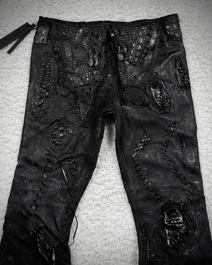 1vfudie “Noir” Scar Stitched Crocodile Leather Bell Bottom Flared Pants