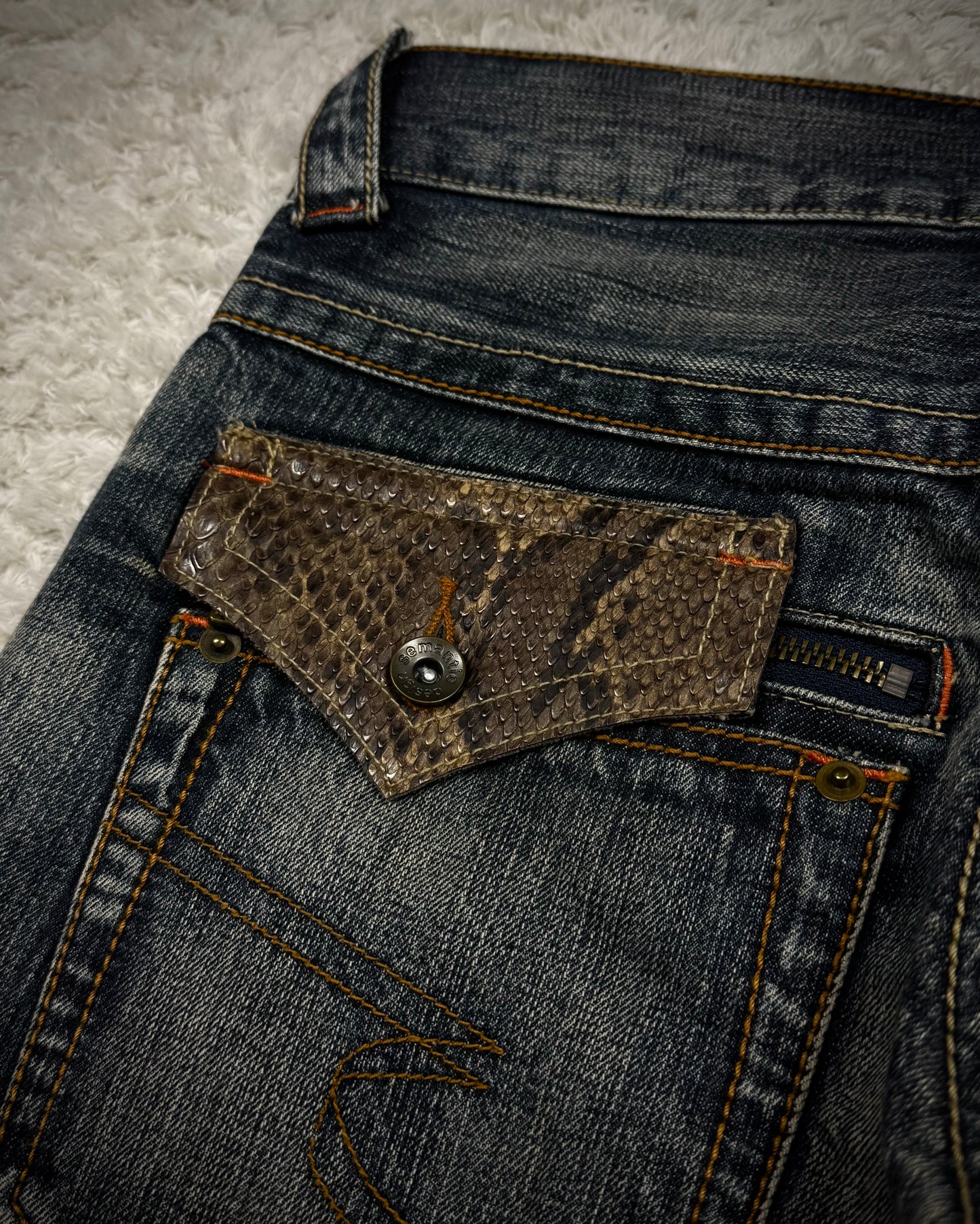 Semantic Design Python Detailed Mud Washed Spiral Flared Jeans
