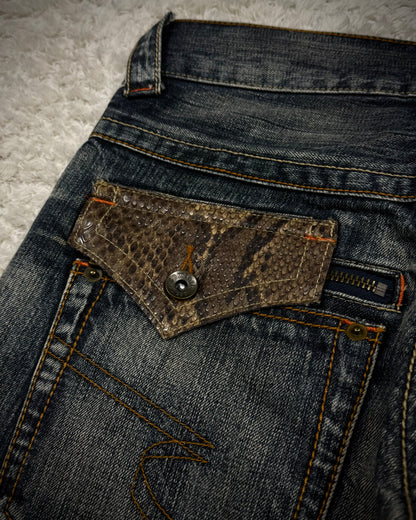 Semantic Design Python Detailed Mud Washed Spiral Flared Jeans