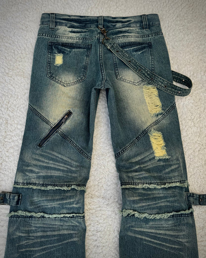 Black Baccara Mud Washed Belted Straps Flared Jeans