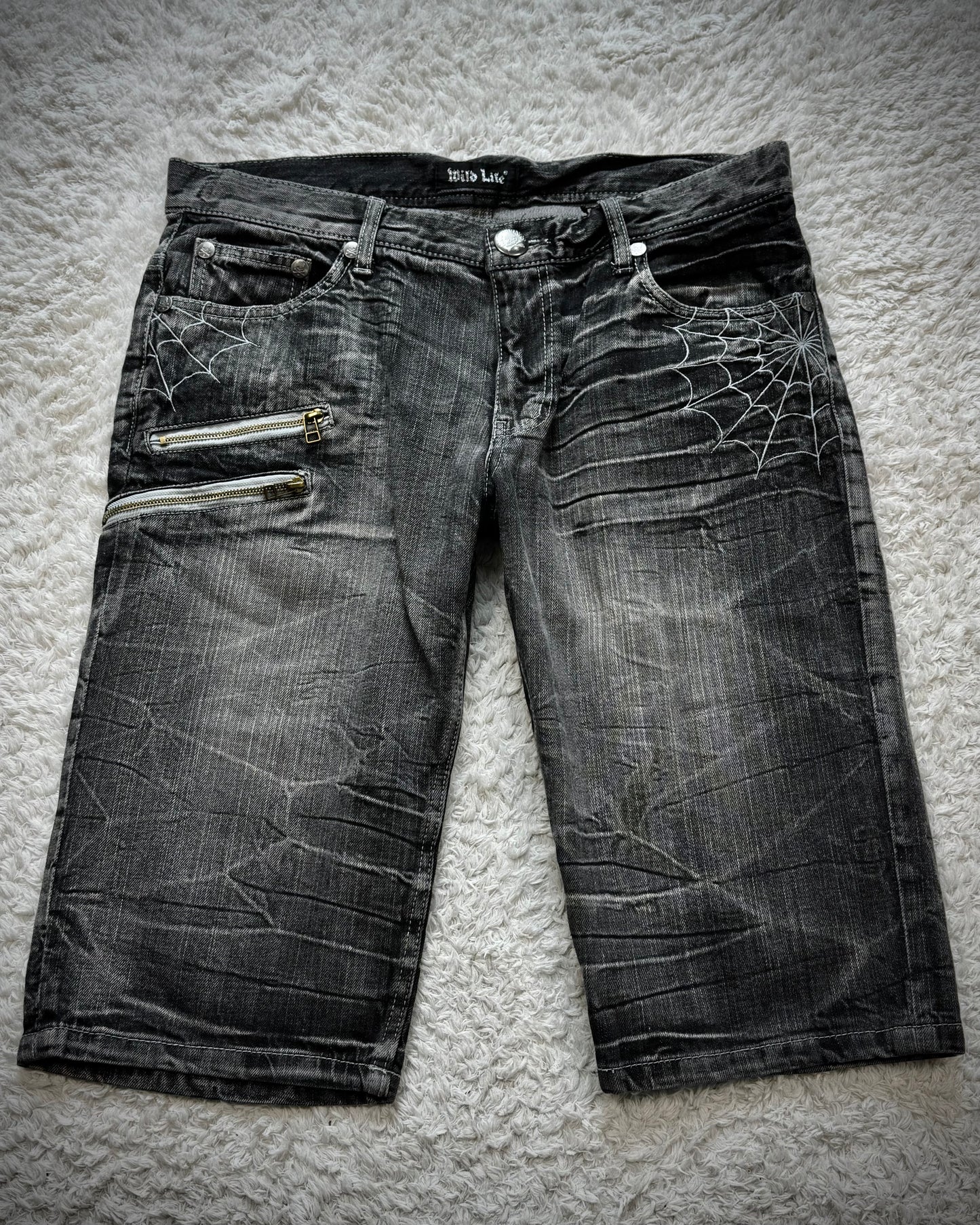 Wild Life Spider Web Leather Flap Denim Shorts