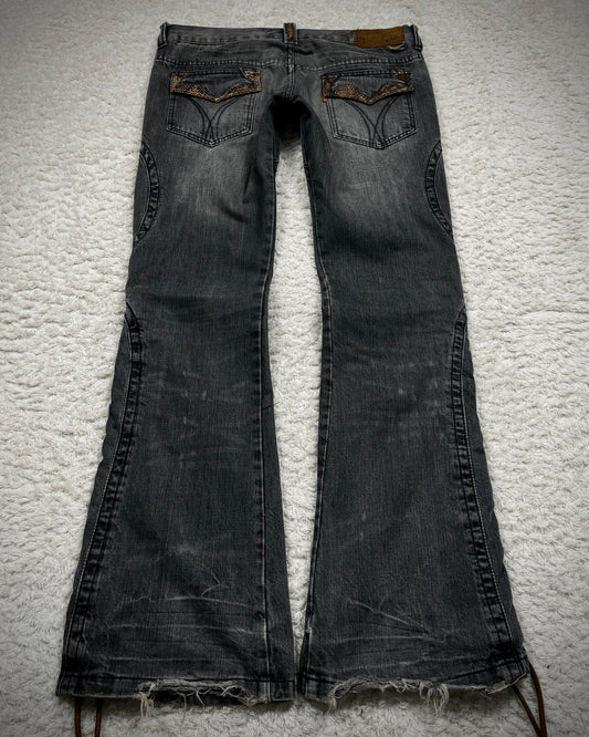 Tornado Mart Python Detailed Mud Washed Lace Up Flared Jeans