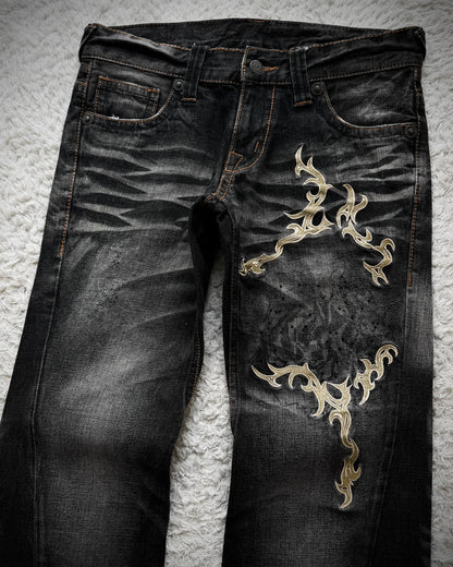 Tornado Mart Tribal Embroidery Whiskered Spiral Flared Jeans