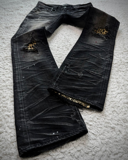 CavariA Leopard Repaired Clawmarks Flared Jeans
