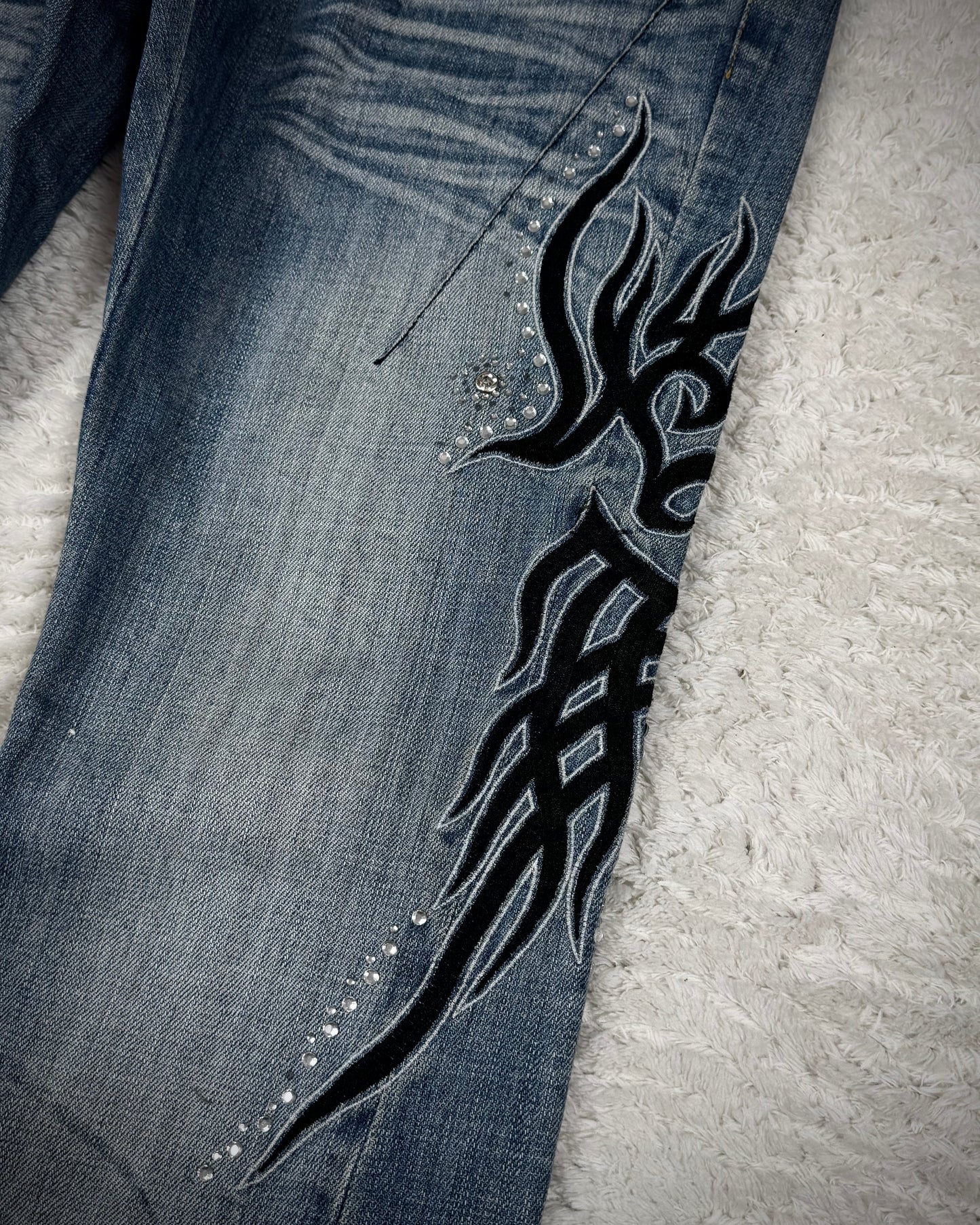 Tornado Mart Tribal Embroidery Studded Flared Jeans