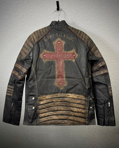 “Live To Ride” Cross Vintage Leather Biker Jacket