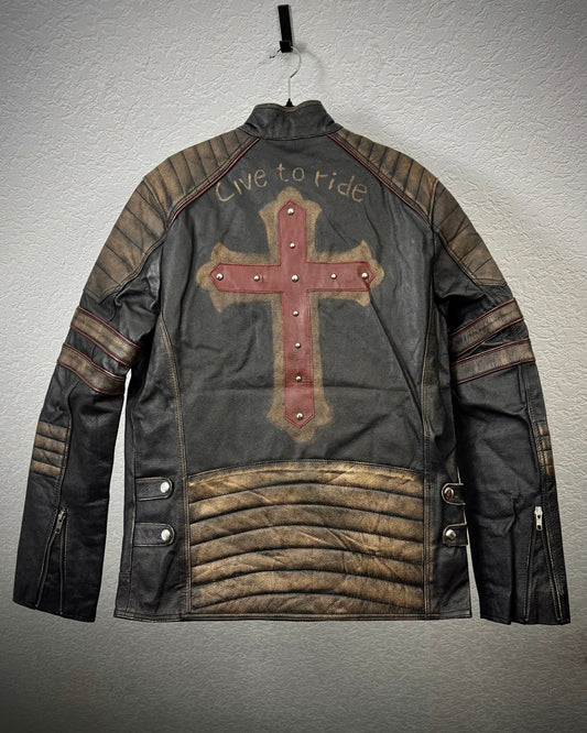 “Live To Ride” Cross Vintage Leather Biker Jacket