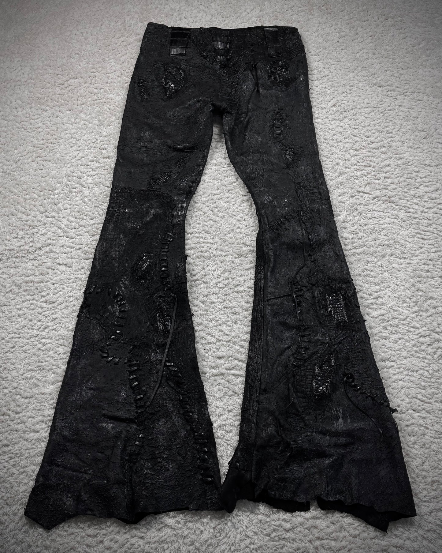 1vfudie “Noir” Scar Stitched Crocodile Leather Bell Bottom Flared Pants