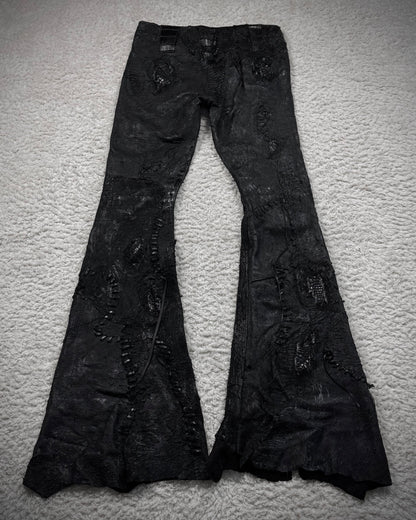 1vfudie “Noir” Scar Stitched Crocodile Leather Bell Bottom Flared Pants