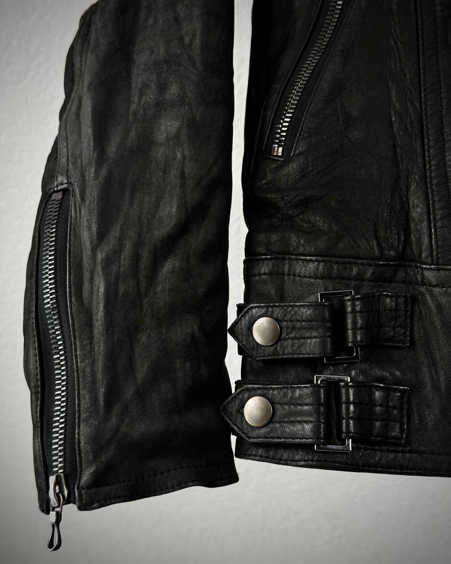 Shellac Fur Collar Textured Leather Jacket