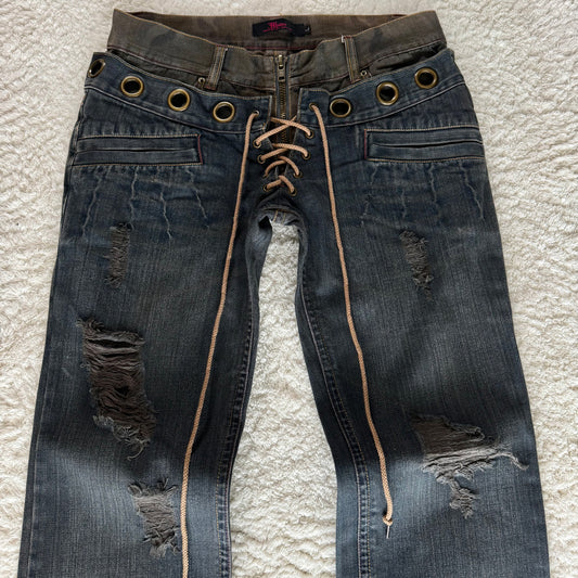 Midas Mud Washed Camo Double Waisted Lace-Up Flared Denim