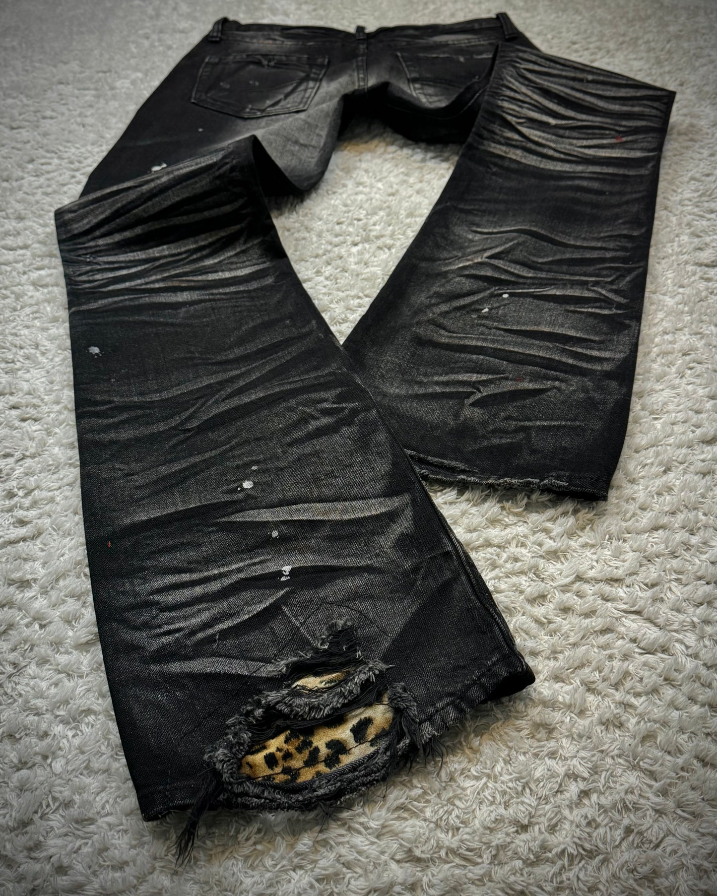 CavariA Leopard Repaired Clawmarks Washed Bootcut Jeans